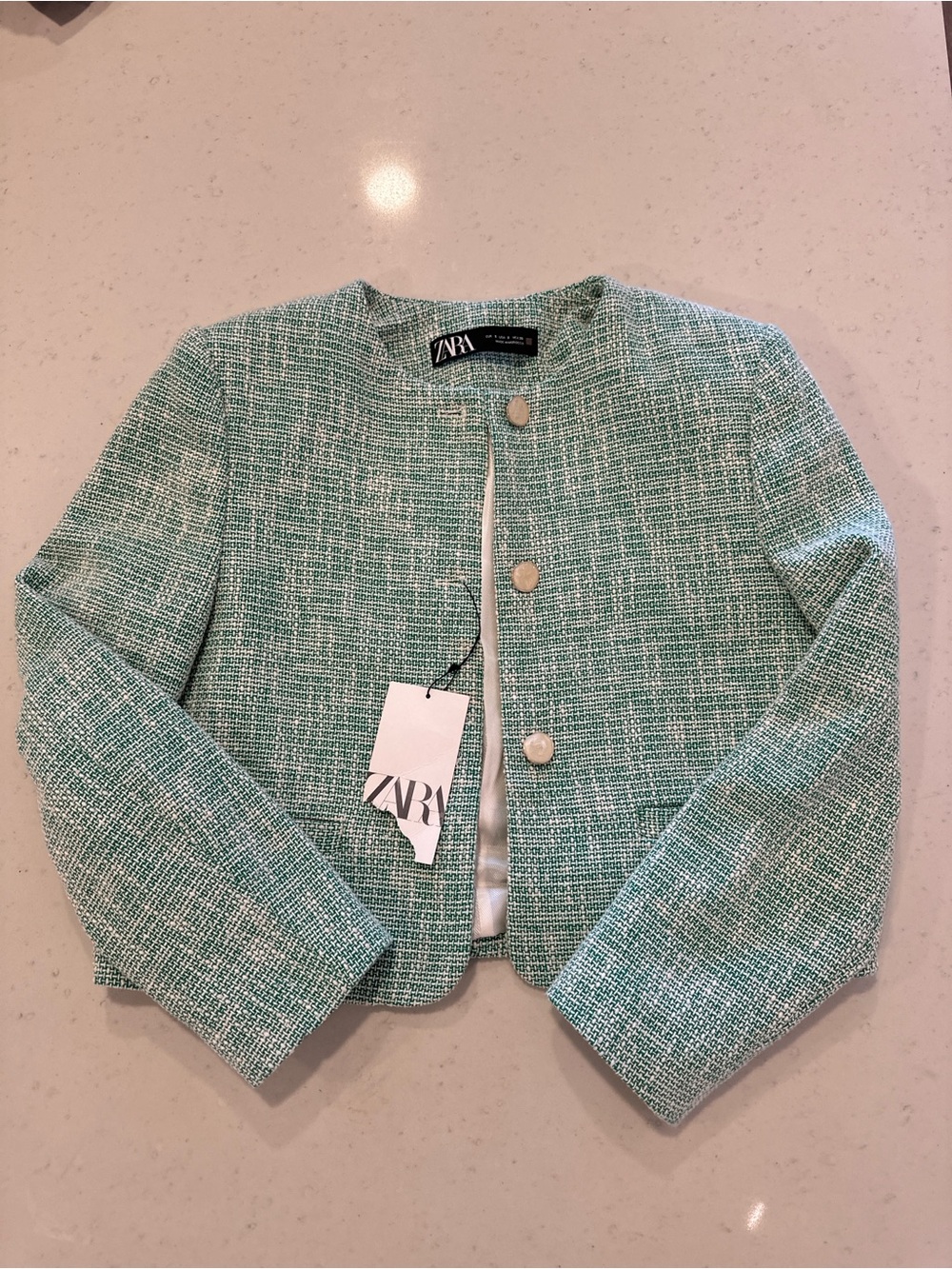 NWT Zara Viral Tweed Crop Jacket Green w/ Pearl Buttons Trendy Blogger Favorite